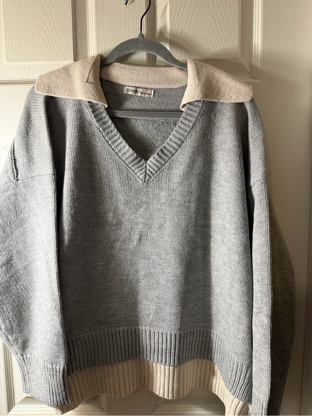 Zenana Light Gray V-Neck Sweater with Cream Collar and Hem